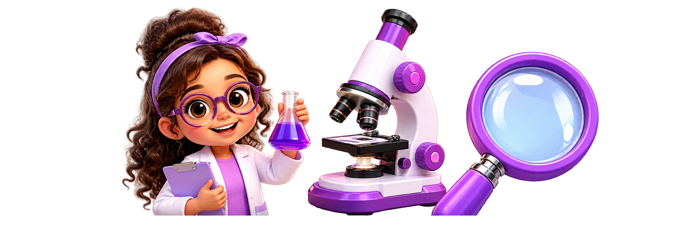 Cientista, microscópio e lupa